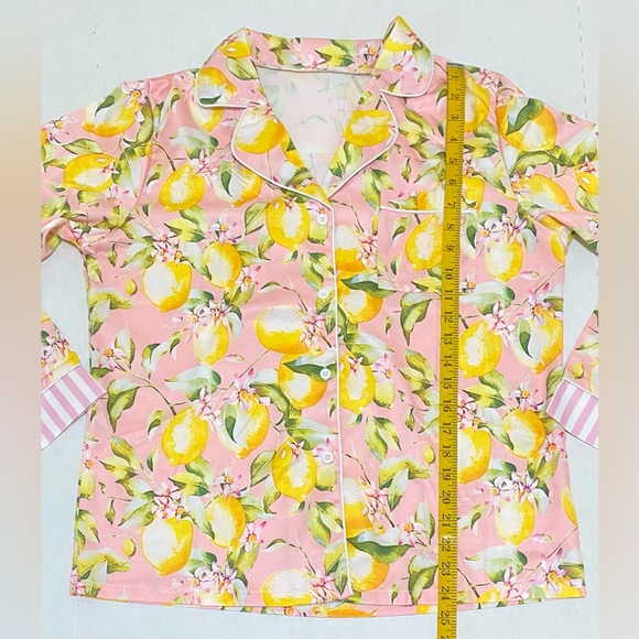 Womens L Pink w/ Yellow Lemon Print Long Sleeve Pajama Shorts Set Preppy Classic - Picture 12 of 16